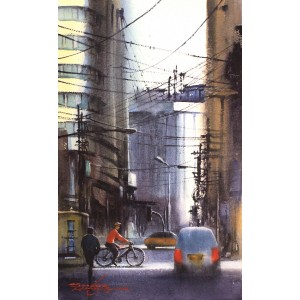 Sarfraz Musawir, Macleod Road Karachi, 15 x 09 Inch, Watercolor on Paper, Cityscape Painting, AC-SAR-167